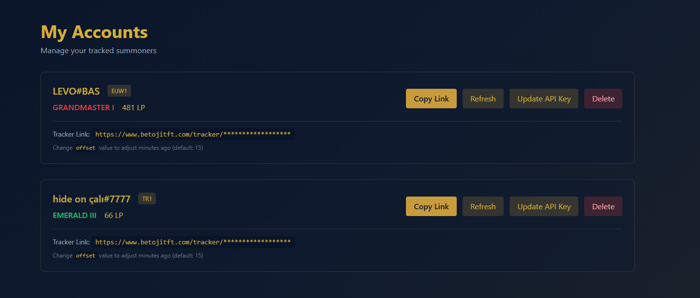 My Accounts page showing tracked summoners