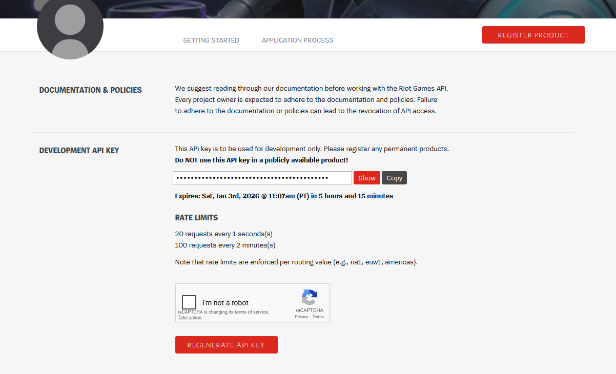 Riot Games Developer Portal showing API key dashboard